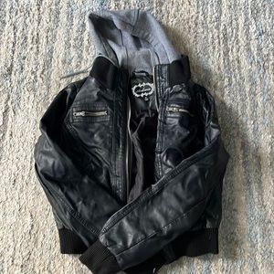 Women’s faux leather black jacket with gray hood